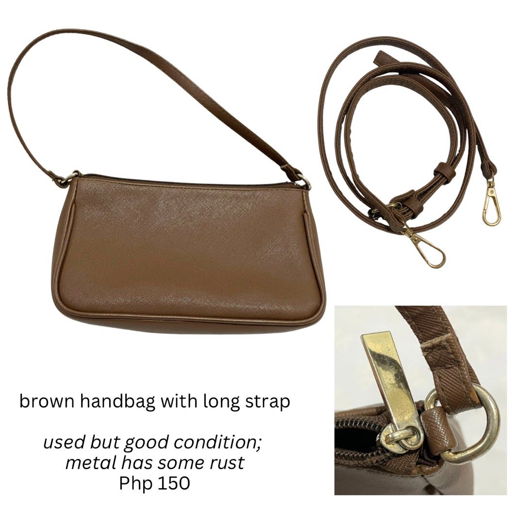 Brown Handbag with Long Strap (Category: Shoulder Bags) located in Makati City. Submitted by alixli12 (Listing ID 1461698010, Image 1). Description: - Brown handbag - Comes with a long strap - Minor rust on metal hardware - Selling for Php 150.