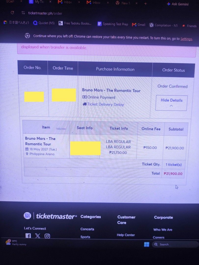 BRUNO MARS THE ROMANTIC TOUR DAY 3 (Category: Events Tickets) located in Quezon. Submitted by gemar.alegre29 (Listing ID 1461606911, Image 1). Description: SELLING OR TRADING MY BRUNO MARS THE ROMANTIC TOUR TICKET. Trade to 2PCS LOWERBOX B QC area kindly check my reviews for legitimacy Dm me..