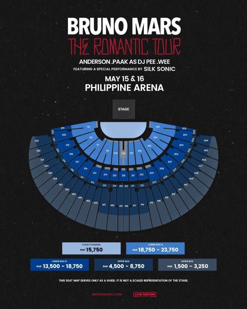 BRUNO MARS THE ROMANTIC TOUR DAY 3 (Category: Events Tickets) located in Quezon. Submitted by gemar.alegre29 (Listing ID 1461606911, Image 2). Description: SELLING OR TRADING MY BRUNO MARS THE ROMANTIC TOUR TICKET. Trade to 2PCS LOWERBOX B QC area kindly check my reviews for legitimacy Dm me..