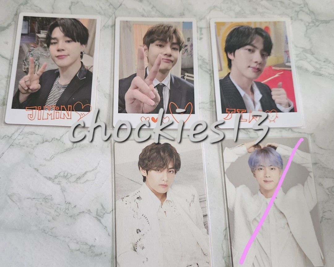 BTS Jimin, V, Jin Mini Photocards (Category: K-Wave Merchandise) located in Valenzuela. Submitted by chockies13 (Listing ID 1461571582, Image 1). Description: - Official BTS photocards from my own collection - Jimin, V, and Jin PTD Special Card and V LYSY - Essential for any ARMY's collection - 260 each - message me for inquiries and nego.