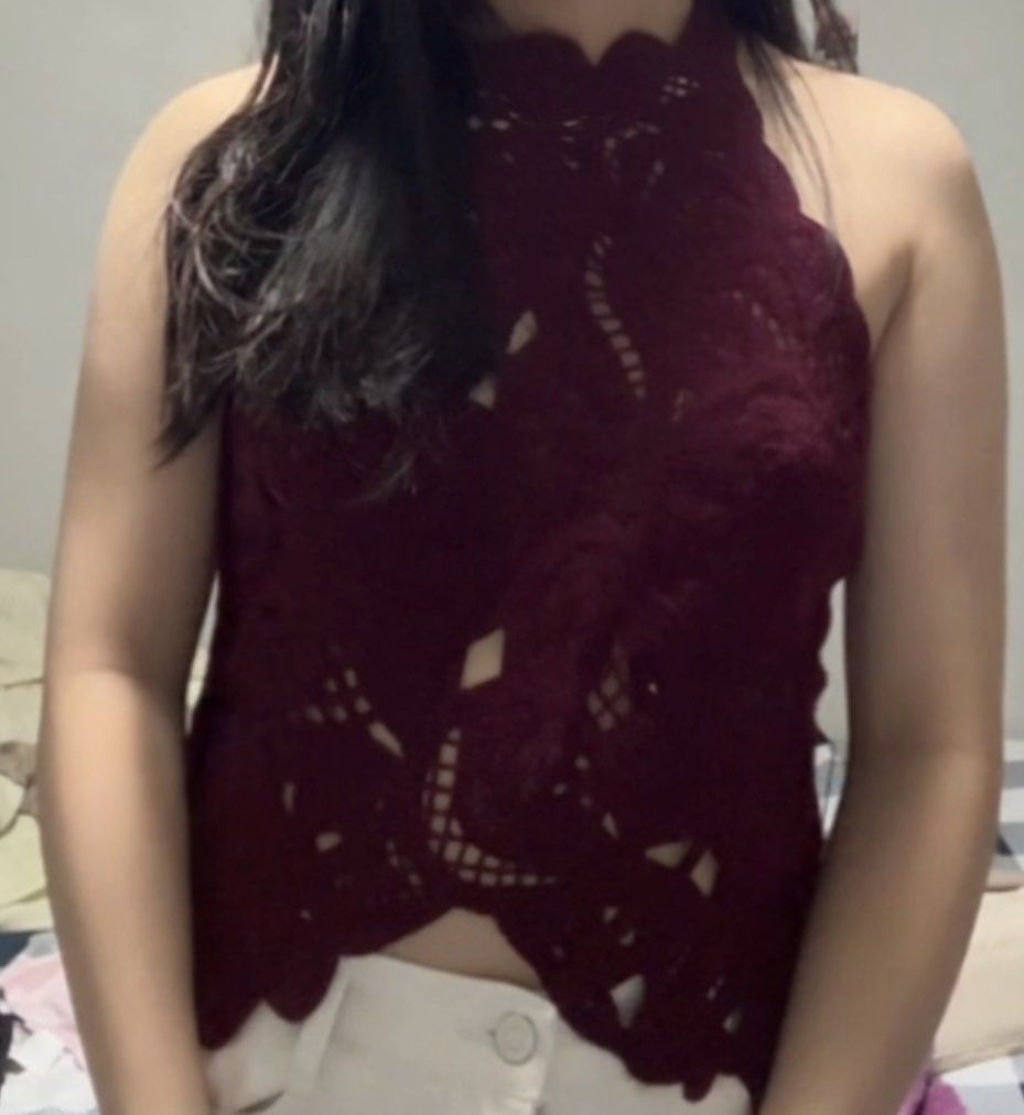 Burgundy Patterned Top (Category: Sleeveless) located in Manila. Submitted by glossywife (Listing ID 1461597563, Image 2). Description: Size XS Actual when worn posted Bought from Vietnam Just tried it on but never really used it Mop: GCash Mod: GrabExpress / J&T / Lalamove Brandy Melville Zara Isa the label H&M Cotton On Stradivarius Phia Hollister Subdued John Galt Miu the label Traje Linen Bershka Aritzia Princess Polly Free People Realisation