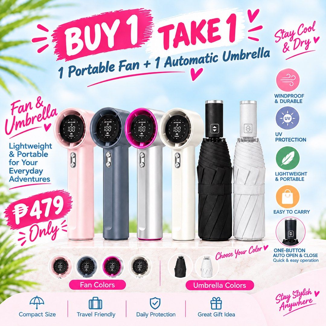 Buy 1 Mini Fan Get 1 Umbrella (Category: Umbrellas) located in Angeles City. Submitted by lumiho.ph (Listing ID 1461606121, Image 1). Description: 🌸 BUY 1 TAKE 1 — ONLY ₱479! 🌸 Beat the heat & stay ready for rainy days! ☀️🌧️ Get 1 Portable Fan + 1 Automatic Umbrella for only ₱479! 🩷 ✨ Choose your preferred colors! You can tell us your preferred color for the fan and/or umbrella when placing your order. 🎀 You can tell us your preferred color 