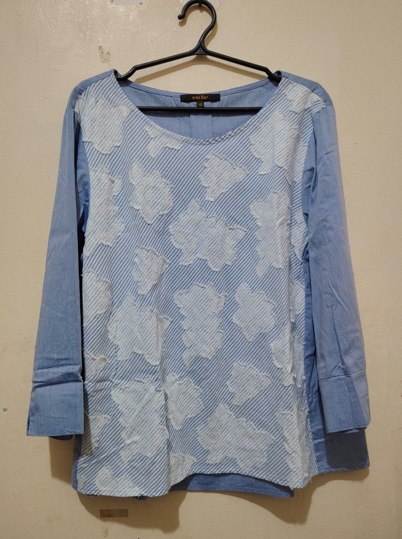 Cache Blue Striped Floral Long Sleeve Top (Category: Longsleeves) located in Manila. Submitted by forthriftstorewarriors (Listing ID 1461634229, Image 1). Description: FREE 1 ITEM IF YOU PURCHASE 2 OR MORE ITEMS ❤❤❤ - Light blue top from Cache - Textured floral pattern on front over a striped background - Long sleeves with buttoned cuffs - Subtle pleat detail on the back - Perfect for casual or dressed-up looks - Size: M.