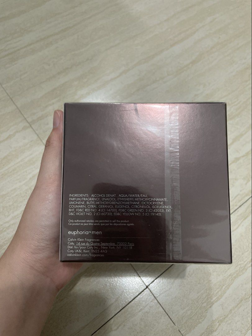 Calvin Klein Euphoria Men Eau de Toilette 100ml (Category: Fragrance & Deodorants) located in Cainta. Submitted by chachiron_ (Listing ID 1461698400, Image 2). Description: - Calvin Klein Euphoria Men EDT - 100ml bottle - padala from Saudi (brand new) - still in plastic - 355 SAR = 5,900+ in peso .