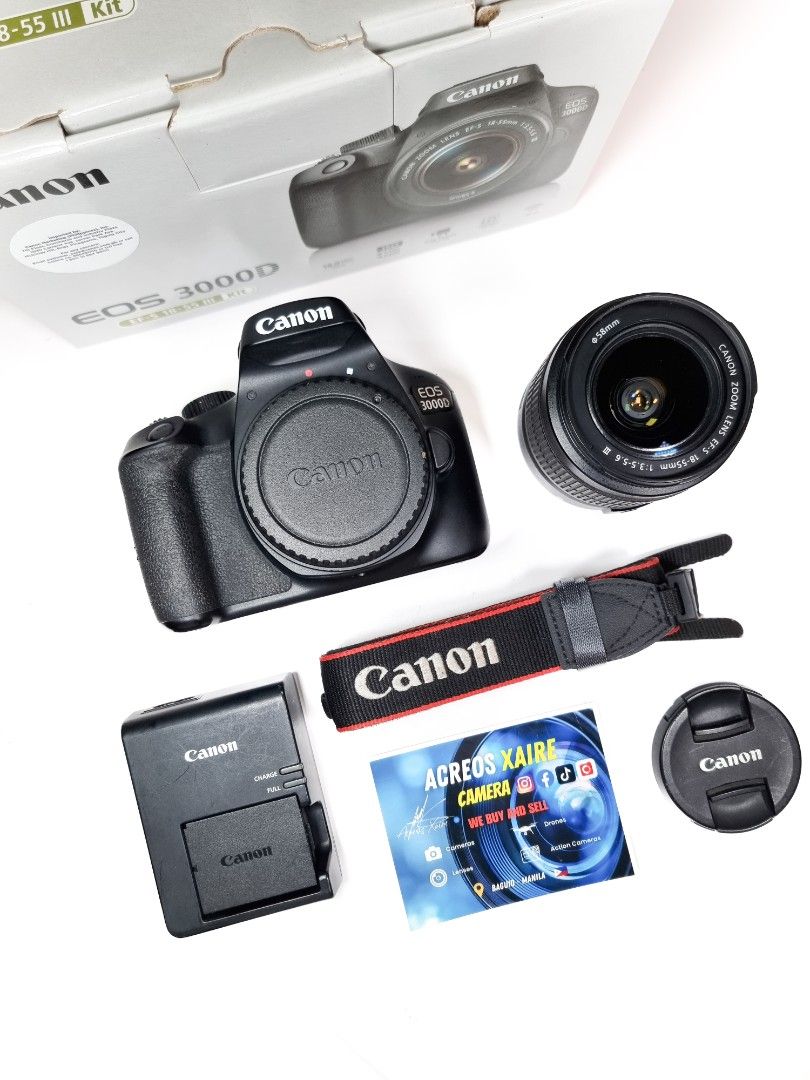 Canon 3000D + 18-55mm (Category: Cameras) located in Baguio. Submitted by acreoscamera (Listing ID 1461678883, Image 1). Description: Canon 3000D + 18-55mm IS III ✨️📸 Price: 15,500.00 Cosmetics: 9/10 (With slight signs of usage) Clean Glass: 9.3/10 (With fungus in rear lens) No issues No Vignette Actual Photo posted📸 No more last priced All buttons are functional AF and MF Working and Flash working ✨️Inclusions: Box and Manuals 1x battery and c