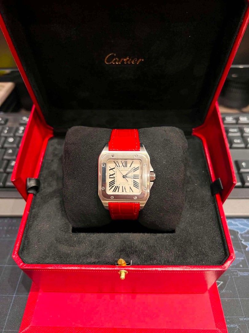 Cartier Santos 100 Medium Stainless Steel – Ref. W20106X8 (Automatic) (Category: Luxury Watches) located in Manila. Submitted by trumpisthedevil (Listing ID 1461703191, Image 1). Description: Brand: Cartier Model: Santos 100 MediumReference Number: W20106X8 (Case Ref. 2878) Movement: Swiss Automatic (Self-winding Caliber) Case Size: Approx. 33mm x 44mm (Wears beautifully on both men and women) Case Material: Stainless SteelDial: Silver with Roman