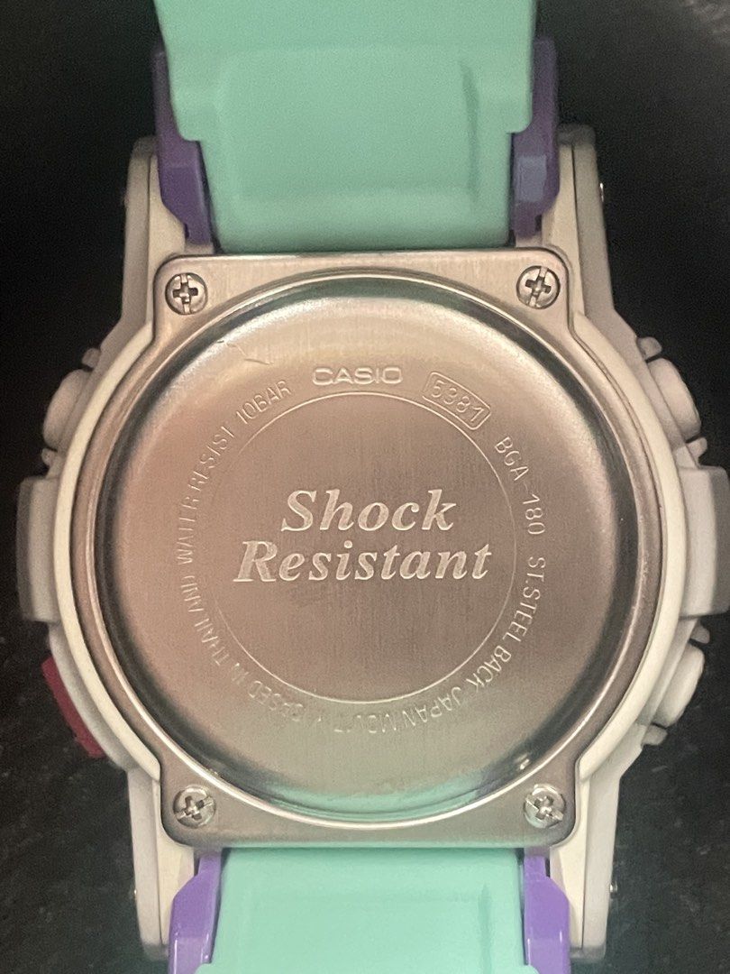Casio Baby-G BGA-180 Tide Graph Watch (Category: Women's Watches) located in San Fernando. Submitted by meicyyy (Listing ID 1461621126, Image 2). Description: - Baby-G watch with Tide Graph function - Water Resistant: 10 BAR - Shock Resistant - Colorway: Grey, Mint Green, Blue - Display: Digital with Analog Hands - Ideal for outdoor activities and everyday wear - Comes with original box.