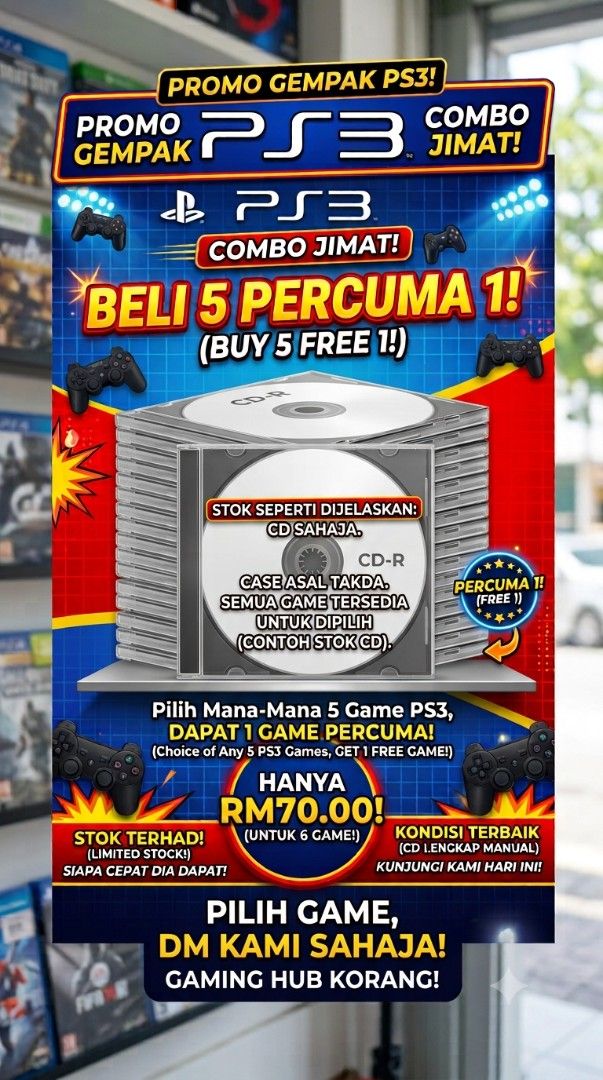 cd ps3 (Category: PlayStation) located in Johor Bahru. Submitted by freewater_88a9ac (Listing ID 1461748273, Image 1). Description: PROMO COMBO PS3 (BELI 5 PERCUMA 1) Nak clear stock game PS3! Beli 5 keping disc, percuma 1 keping disc (Dapat 6 keping CD kesemuanya). * Harga: RM65 sahaja untuk 6 CD (Purata RM11.60/game!) * Kondisi: CD/Disc sahaja (Tiada casing asal) * Kualiti: Semua CD dah di-test & berfungsi dengan baik sebelum pos. CARA ORDER / 