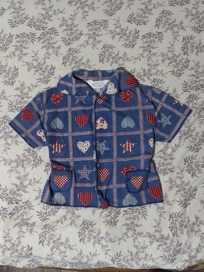 Celine vintage blue short-sleeve button-up shirt (Category: Shirts) located in Bulacan. Submitted by angel.decluttersx (Listing ID 1461703607, Image 3). Description: small to medium size original (embroidered white tag see photos) cotton fabric material no issue L 16" W 17".