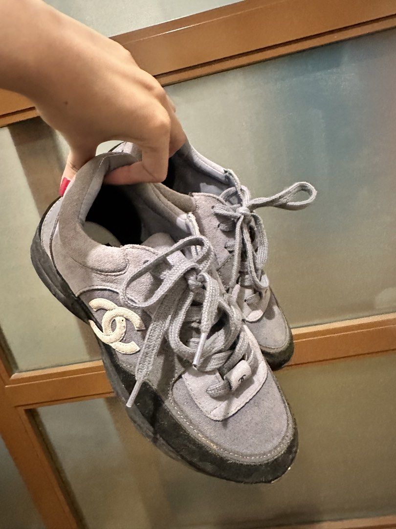 Chanel Grey Suede CC Logo Sneakers (Category: Sneakers & Footwear) located in Quezon City. Submitted by skinnyshopaholic (Listing ID 1461693677, Image 2). Description: Used once in Sagada only. No flaws, just needs cleaning. RFS: I have other sneakers; rarely used..