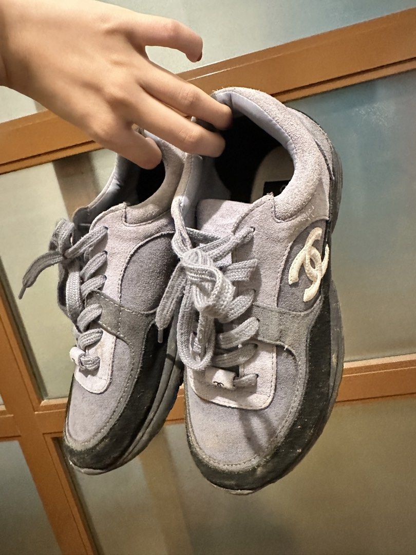 Chanel Grey Suede CC Logo Sneakers (Category: Sneakers & Footwear) located in Quezon City. Submitted by skinnyshopaholic (Listing ID 1461693677, Image 3). Description: Used once in Sagada only. No flaws, just needs cleaning. RFS: I have other sneakers; rarely used..