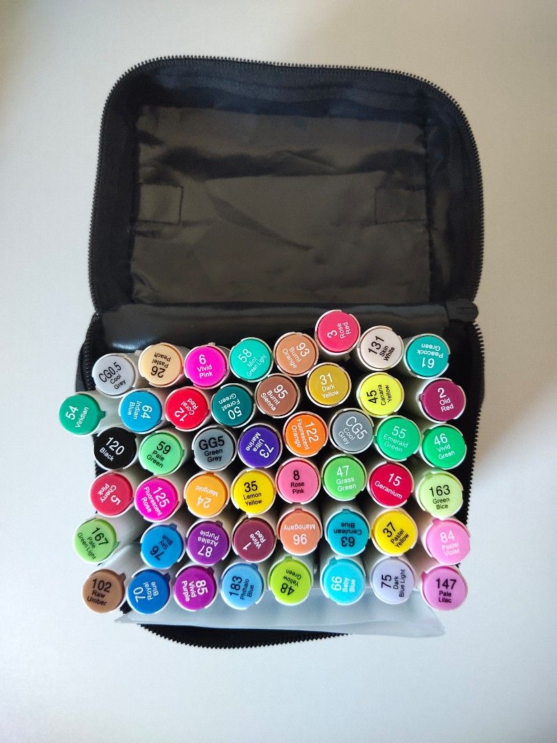 CHENRUI ALCOHOL MARKERS (48 COLORS) (Category: Stationery & School Supplies) located in Batangas. Submitted by cineedeclutter (Listing ID 1461610971, Image 2). Description: INCLUSIONS: - 48 alcohol markers (dual tip) - Plastic sheet protector - Color swatch paper RFS: Decluttering - Twice lang nagamit SELLERS POLICY First to pay, first to get. Once paid and shipped, the item is considered sold. No return, refund, or exchange (buy only if you're s