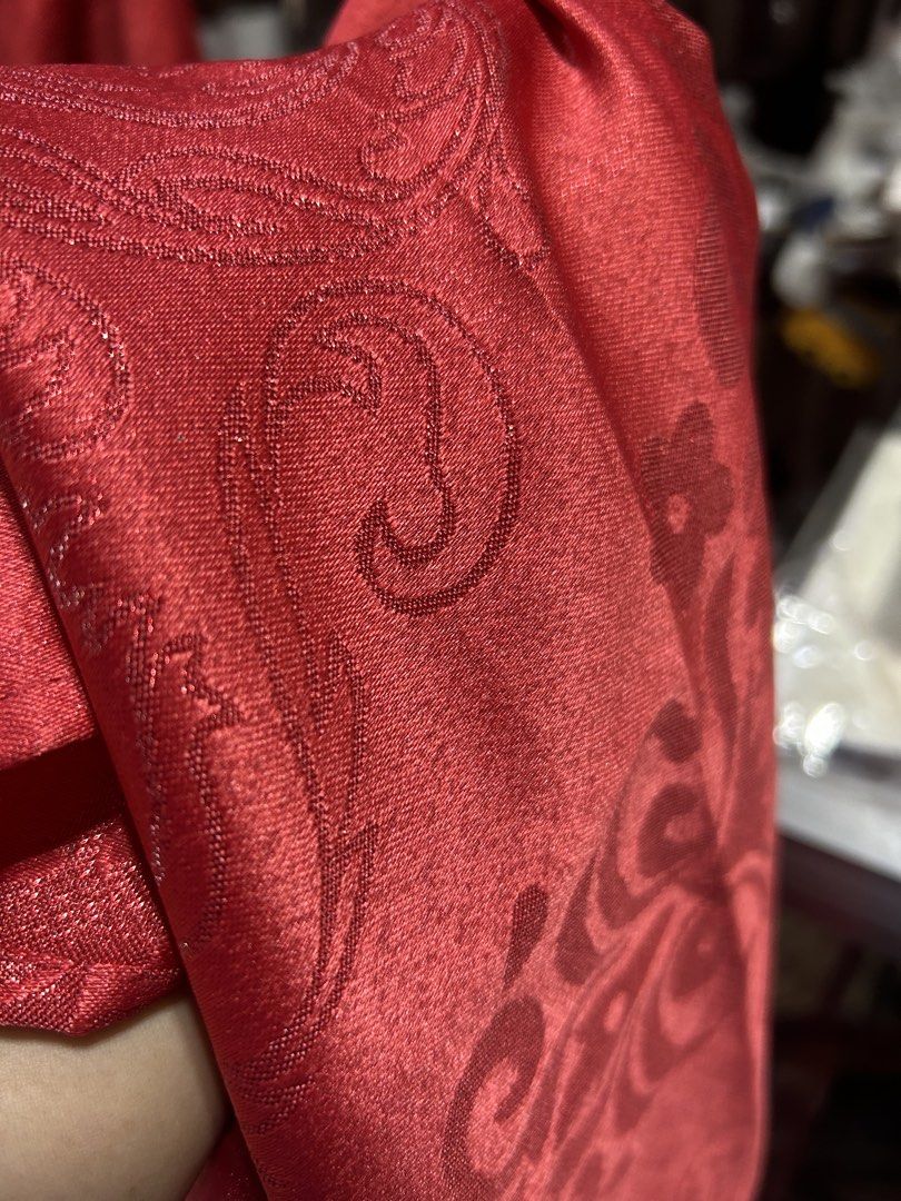 Christmas Red Brocade Fabric with Floral Pattern table cloth (Category: Other Bottoms) located in Manila. Submitted by starbalesukandjapansurplus (Listing ID 1461573272, Image 2). Description: 6 seater - Stunning red fabric with an elegant brocade floral pattern. - Features a beautiful sheen for a luxurious look. - Generously sized, ideal for a wide range of crafting and sewing projects. - Origin: Made in China. - Care Note: To prevent color tran