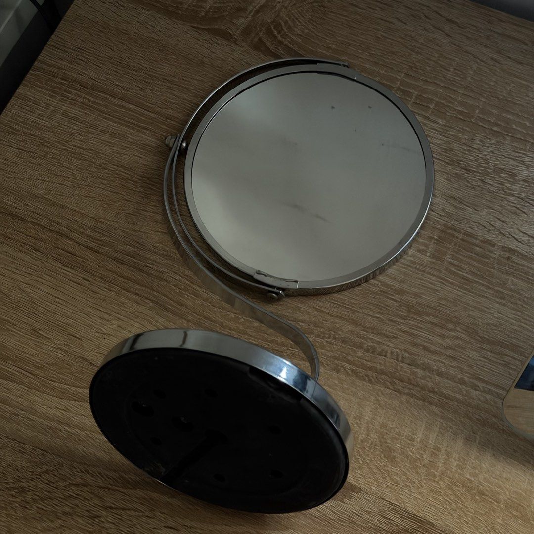 Chrome Swivel Tabletop Mirror (Category: Mirrors) located in Malabon City. Submitted by immaneedspace (Listing ID 1461626646, Image 2). Description: - Chrome tabletop mirror - Swivels for easy adjustment - Round, weighted base for stability - Perfect for makeup application and grooming - Minor marks on mirror surface.