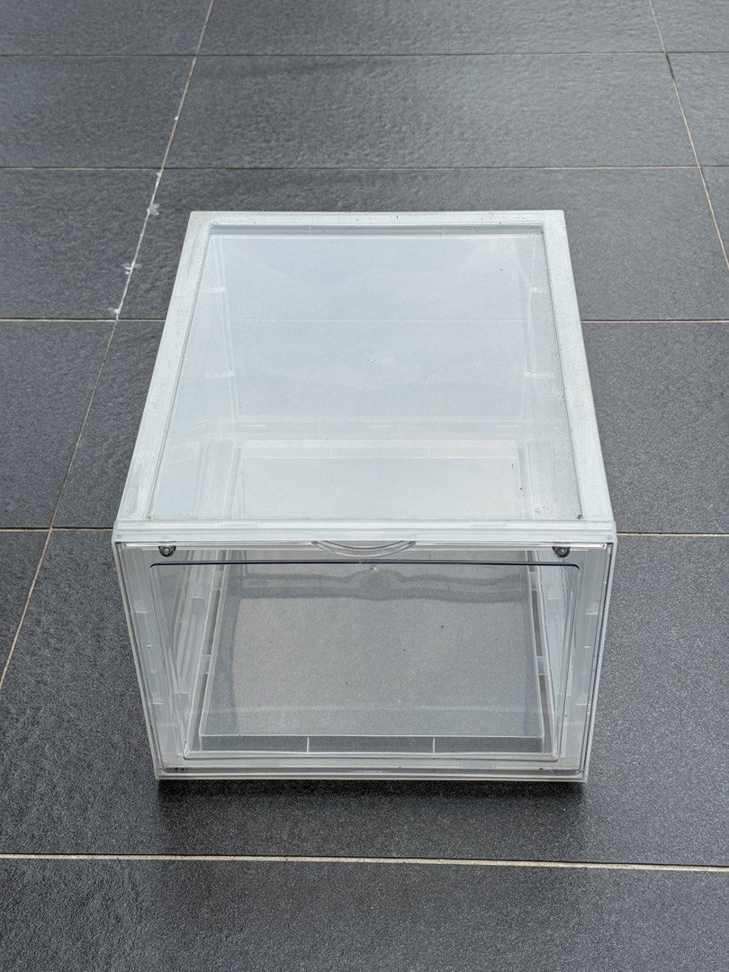 Clear Stackable Shoe Box Storage Container (Category: Storage Boxes & Baskets) located in Petaling Jaya. Submitted by melplcheng (Listing ID 1461614637, Image 1). Description: - Stackable clear storage boxes - Front drop-down door for easy access - Keeps shoes/items organized and dust-free - Space-saving design - Ideal for closets or display - Multiple units available upon request - Size 14” x 11” x 8.5” (h).