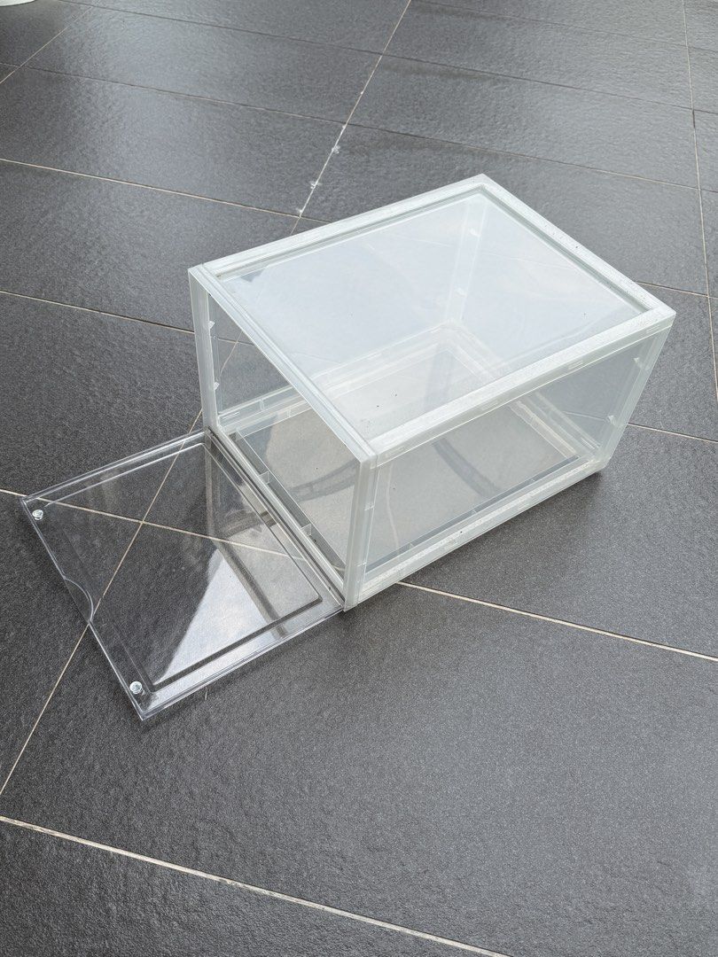 Clear Stackable Shoe Box Storage Container (Category: Storage Boxes & Baskets) located in Petaling Jaya. Submitted by melplcheng (Listing ID 1461614637, Image 2). Description: - Stackable clear storage boxes - Front drop-down door for easy access - Keeps shoes/items organized and dust-free - Space-saving design - Ideal for closets or display - Multiple units available upon request - Size 14” x 11” x 8.5” (h).