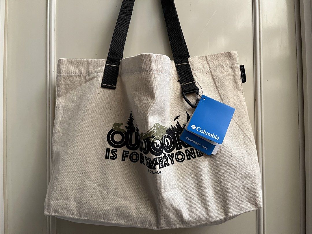 Columbia Camp Henry Tote Bag (Category: Tote Bags) located in Calapan. Submitted by shakalak (Listing ID 1461710833, Image 1). Description: - Brand: Columbia - Design: "Outdoor is Forever Everyone" graphic -Size L-18/H 11/W 4 - Material: Durable canvas - Features: Internal mesh pocket - Condition: Brand new with original tags attached - Ideal for: Outdoor adventures, everyday essentials.