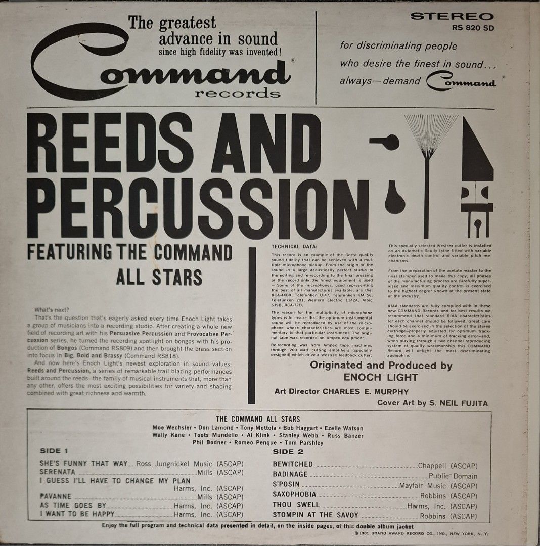 (Vinyl) Reeds and Percussion (Category: Vinyls) located in Makati City. Submitted by decluttermp (Listing ID 1461684543, Image 2). Description: - Condition: VG+ to Ex - Includes tracks: "She's Funny That Way", "Stompin' at the Savoy", and more! - Made in USA - With plastic sleeves.