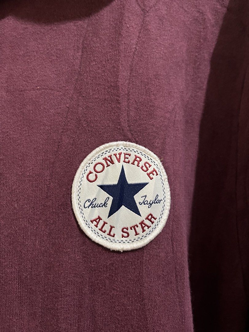 Converse All Star Burgundy Hoodie (Category: Hoodies) located in Manila. Submitted by juspheroca82034 (Listing ID 1461686202, Image 3). Description: - Burgundy Converse hoodie - Classic Chuck Taylor All Star logo patch on chest - Front pouch pocket - Drawstring hood - Size: 24x28 - Ideal for casual wear.