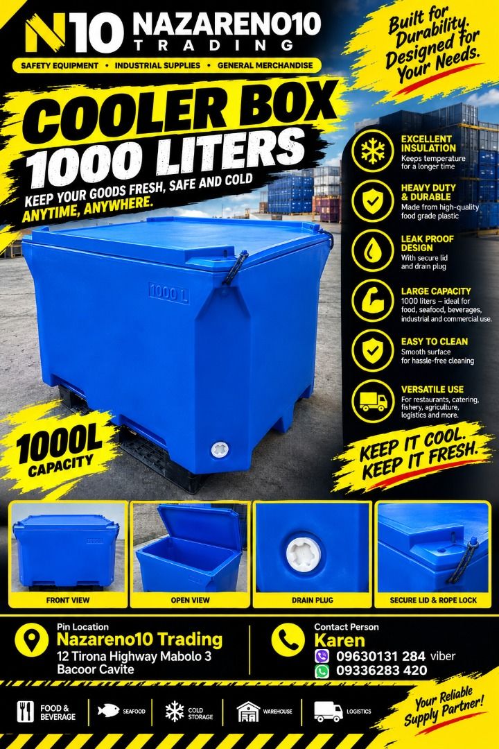 COOLER BOX 1000 LITERS (Category: Looking For) located in Bacoor. Submitted by kajezame.2021 (Listing ID 1461604543, Image 1). Description: COOLER BOX 1000 LITERS For More Details and Discount Contact Ms. Karen NAZARENO 10 TRADING 0963 0131 284 0933 6283 420 0956 7028 557 0933 8559 510 Landline: Look for Ms. Karen (046 ) 416 3920 Also available: • Traffic cone • Parking Block stopper • Hooded trash bin • Road Plastic Barrier • Spill boom • Fishin