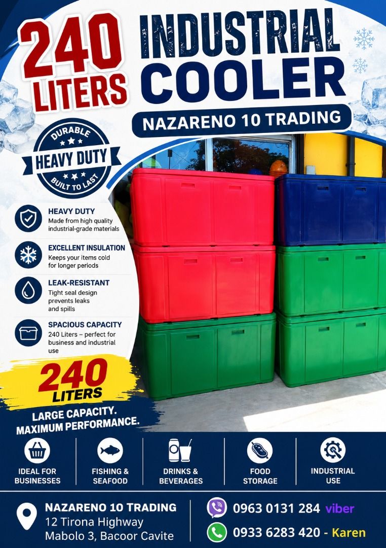 COOLER BOX 240 LITERS HEAVY DUTY (Category: Looking For) located in Bacoor. Submitted by kajezame.2021 (Listing ID 1461601901, Image 1). Description: COOLER BOX 240 LITERS HEAVY DUTY For More Details and Discount Contact Ms. Karen NAZARENO 10 TRADING 0963 0131 284 0933 6283 420 0956 7028 557 0933 8559 510 Landline: Look for Ms. Karen (046 ) 416 3920 Also available: • Traffic cone • Parking Block stopper • Hooded trash bin • Road Plastic Barrier •
