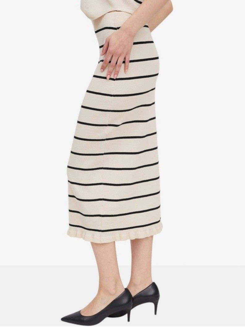 Cream & Black Striped Knit Set (Category: Sets or Coordinates) located in Malabon City. Submitted by ahmabanana (Listing ID 1461779813, Image 2). Description: - Cream knit set with black stripes - Sleeveless V-neck vest with button front - Midi skirt with ruffled hem - Wear together or separately.