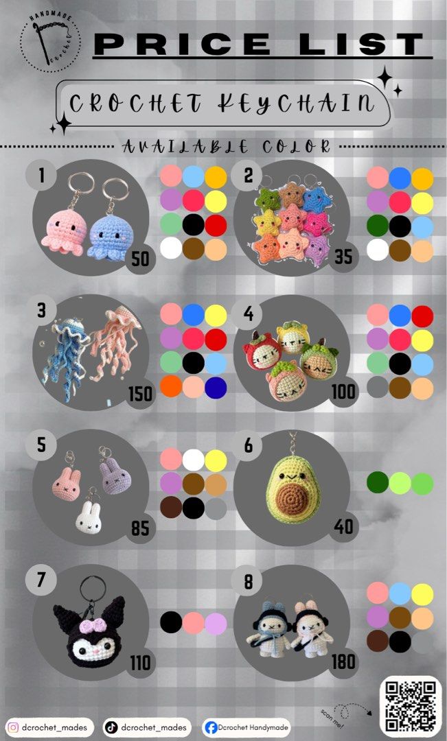 Crochet Keychains (Category: Other Accessories) located in Aroroy. Submitted by crochetbydaphne (Listing ID 1461576746, Image 1). Description: Crochet Keychain Pricelist🧸✨ Looking for a cute and handmade keychain?Here are our available designs and prices!💗 🧶 Handmade with love 📌 custom orders are welcome ✈️ Ships nationwide 📩 Send us a message to place your order or for inquiries..