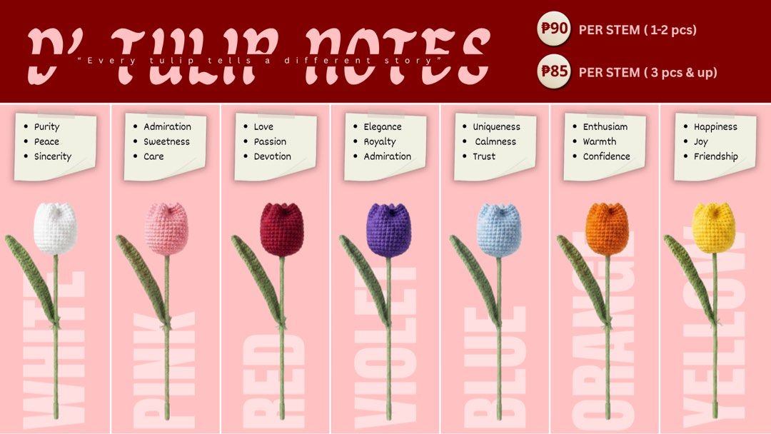 Crochet Tulip Flower promo (Category: Flowers & Bouquets) located in Aroroy. Submitted by crochetbydaphne (Listing ID 1461579435, Image 1). Description: 💐 DID YOU KNOW? Tulip colors symbolize different meanings. 💐 Flowers that stay when words aren’t enough 💐 Each color carries its own meaning, making every bouquet more special and personal. Choose a color that best represents your feelings, message, or the person you’re gifting it to ✨ Handmad