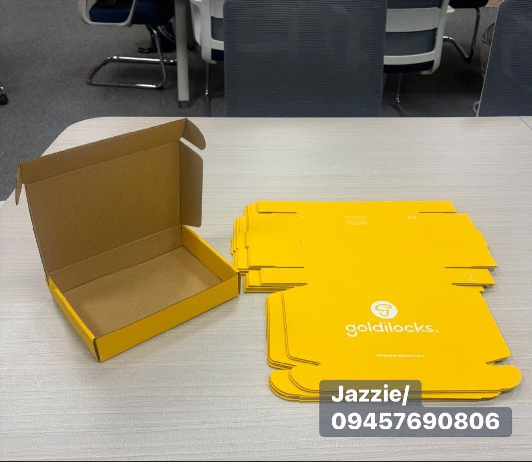 Customized Packaging Boxes Suppliet (Category: Looking For) located in Manila. Submitted by quickbird-d79056 (Listing ID 1461570894, Image 3). Description: - Bulk Goldilocks Jazzie packaging boxes - Yellow boxes with Jazzie logo - Ideal for shipping and packaging your items - Condition: Some assembled, some flat - Perfect for businesses or personal use - Contact for bulk pricing - Pickup available.