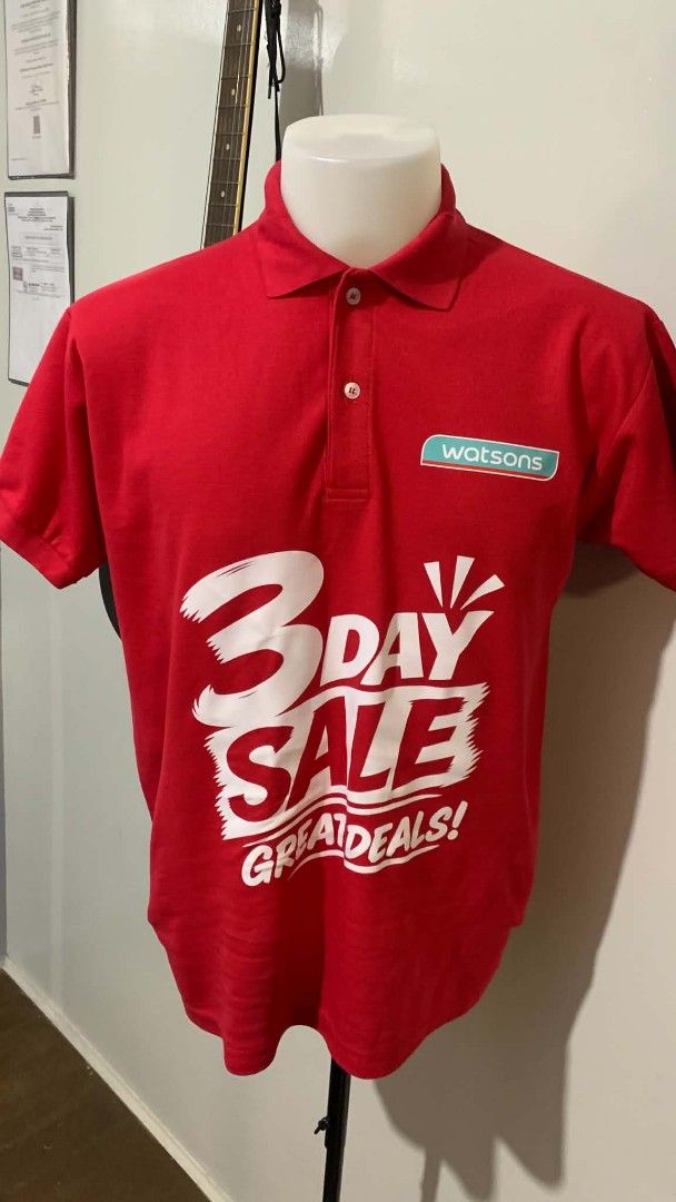 Customized Tshirt with print (Category: Tshirts & Polo Shirts ) located in Carmona. Submitted by glaneds (Listing ID 1461712645, Image 2). Description: - Red Watsons t-shirt - Features '3 Day Sale Great Deals!' graphic - Includes Watsons logo - Ideal for Watsons events or casual wear - Comfortable and casual design.