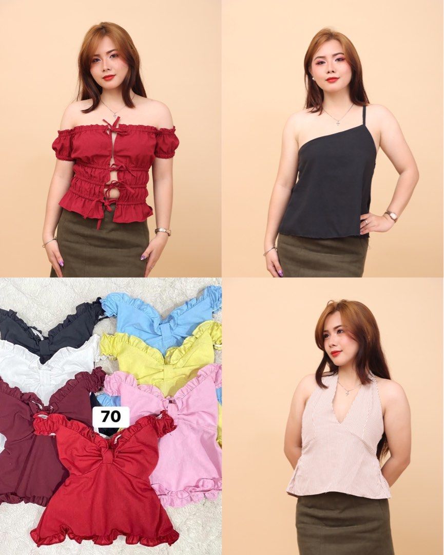 Cute Halter Neck & Off Shoulder Tops - Various Colors (Category: Sleeveless) located in Panabo. Submitted by necoleeey (Listing ID 1461714558, Image 2). Description: Assorted tops (mostly linen!) ₱350.00 set bundle (5 pcs) Assorted style and colors only. Repeat designs since limited stocks only. Sizes: small to medium Free size Add ₱5.00 if choosing! .