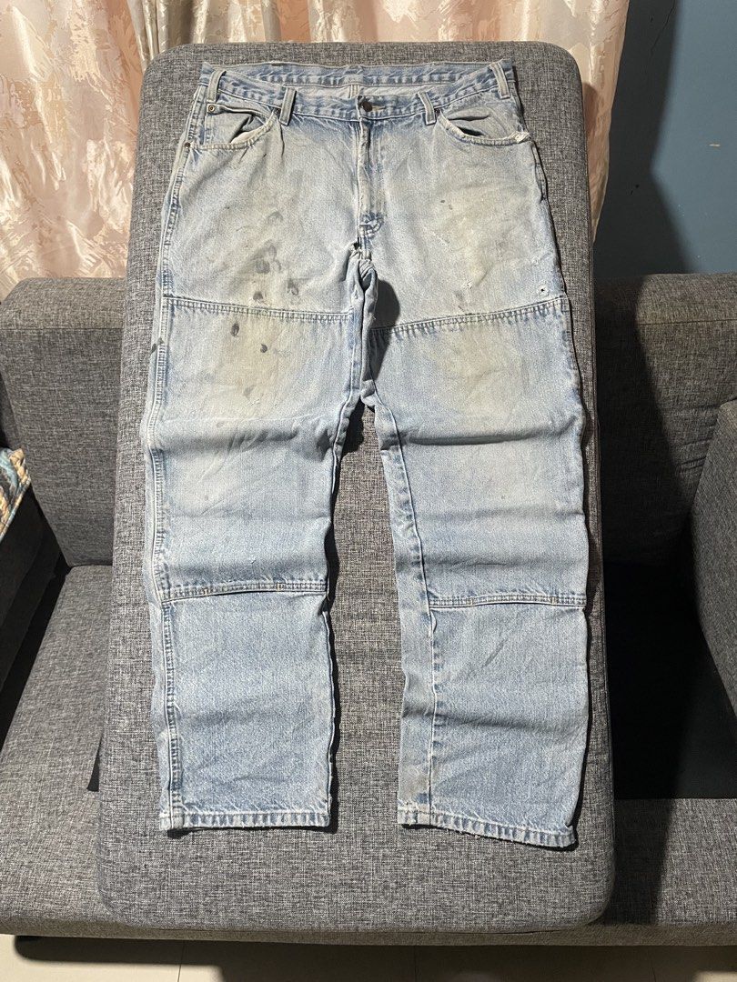 Dickies Light Wash Denim Carpenter Jeans (Category: Jeans) located in Caloocan City. Submitted by thrift.enough (Listing ID 1461743047, Image 2). Description: - Dickies light wash denim jeans - Classic carpenter style - Reinforced knees for durability - Shows some wear: rip on back pocket, marks on front - Still a sturdy pair of work pants, ready for your next project.