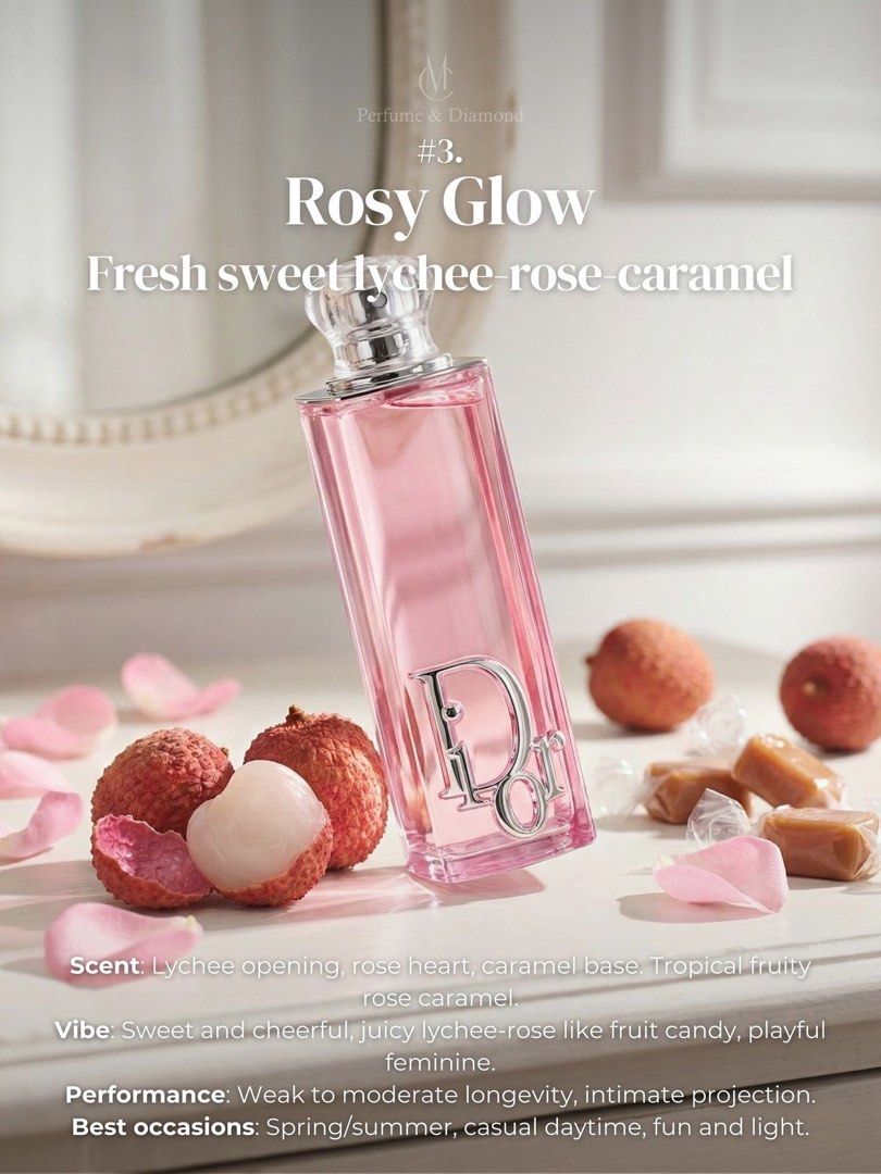Dior Rosy Glow Eau de Parfum 30ml (Category: Fragrance & Deodorants) located in Las Pinas. Submitted by heartfilia.lucy (Listing ID 1461571802, Image 1). Description: - Scent: Lychee, Rose Heart, Caramel Base - Fragrance Profile: Tropical, Fruity, Rose, Caramel - Vibe: Sweet, Cheerful, Playful - Best For: Spring/Summer, Casual Daytime, Fun & Light Occasions - Longevity: Weak to Moderate - Projection: Intimate.