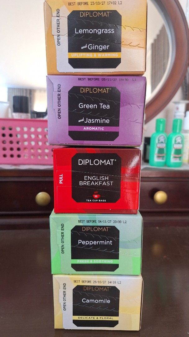 Diplomat Tea Assortment - 5 Flavors (Category: Coffee & Tea Tableware) located in Quezon City. Submitted by tinylittlecorner (Listing ID 1461611823, Image 1). Description: - Assorted Diplomat Teas - Flavors include: Lemongrass & Ginger, Green Tea & Jasmine, English Breakfast, Peppermint, Chamomile - Ideal for tea enthusiasts or exploring new tastes - All boxes are sealed and unopened.
