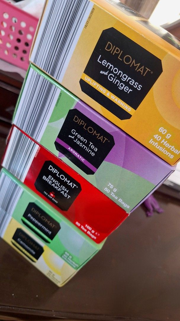 Diplomat Tea Assortment - 5 Flavors (Category: Coffee & Tea Tableware) located in Quezon City. Submitted by tinylittlecorner (Listing ID 1461611823, Image 2). Description: - Assorted Diplomat Teas - Flavors include: Lemongrass & Ginger, Green Tea & Jasmine, English Breakfast, Peppermint, Chamomile - Ideal for tea enthusiasts or exploring new tastes - All boxes are sealed and unopened.