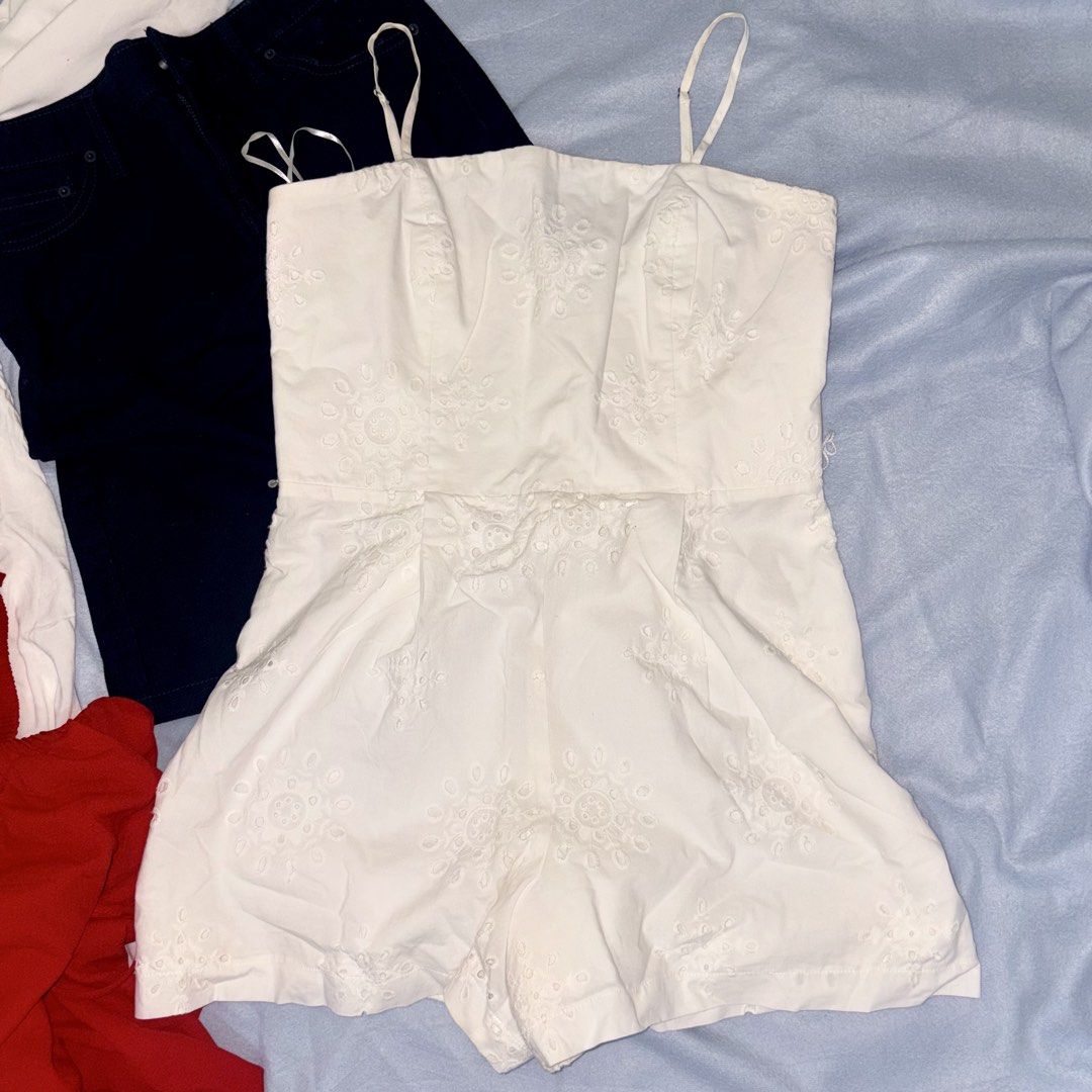 women clothes bundle (Category: Dresses) located in Cebu City. Submitted by caredbypat (Listing ID 1461599295, Image 2). Description: - take all bundle of four clothing items - Includes: branded eyelet romper, gap pencil black denim jeans, red puff dress, and white puff dress - Fits S - M sizes - loc: Cebu City.
