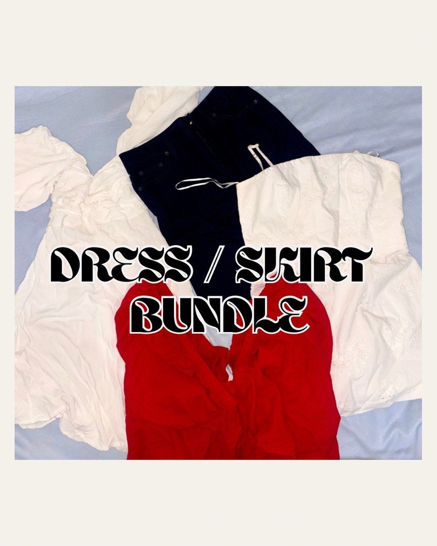 women clothes bundle (Category: Dresses) located in Cebu City. Submitted by caredbypat (Listing ID 1461599295, Image 1). Description: - take all bundle of four clothing items - Includes: branded eyelet romper, gap pencil black denim jeans, red puff dress, and white puff dress - Fits S - M sizes - loc: Cebu City.