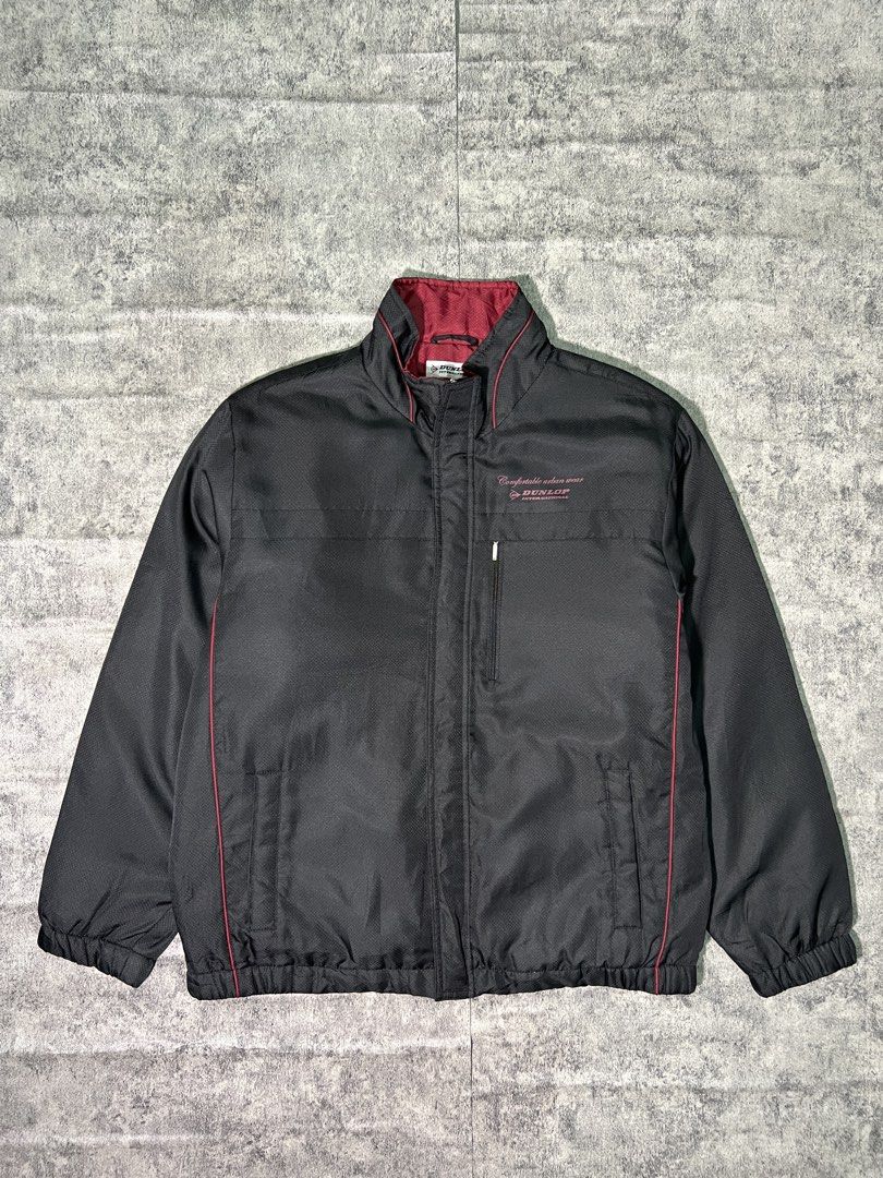 Dunlop International Black & Red Zip-Up Jacket (Category: Coats, Jackets and Outerwear) located in Manila. Submitted by 2karchive.ph (Listing ID 1461588652, Image 1). Description: DUNLOP | Medium on tag Length: 26 inch Width: 22.5 inch PHP 549 | Good condition, No Stain. PAYMENT FIRST, NO RETURN POLICY.