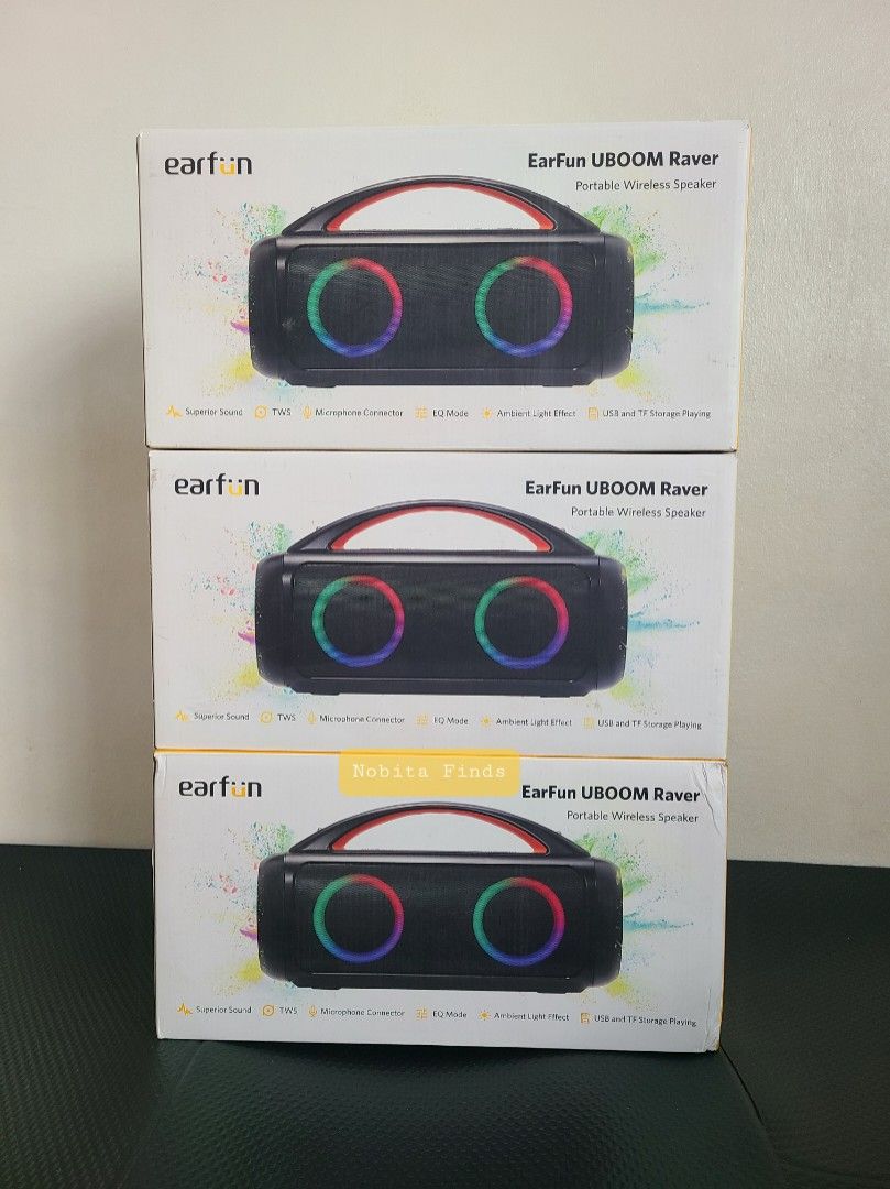EarFun UBOOM Raver Portable Wireless Speaker (Category: Soundbars, Speakers & Amplifiers) located in Naga. Submitted by nobita_1807 (Listing ID 1460065374, Image 1). Description: - EarFun UBOOM Raver portable wireless speaker - Features vibrant ambient light effects - Multiple EQ modes for customized sound - TWS (True Wireless Stereo) pairing for enhanced audio - Supports playback via TF storage card - Includes a microphone connector - Delivers g