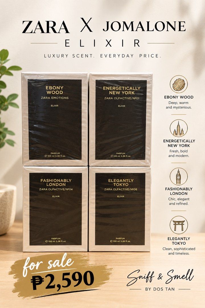 Elixir Zara (Category: Fragrance & Deodorants) located in Manila. Submitted by sniffandsmell (Listing ID 1461785313, Image 1). Description: Elegantly Tokyo Ebony Wood Fashionably London Energetically Newyork.