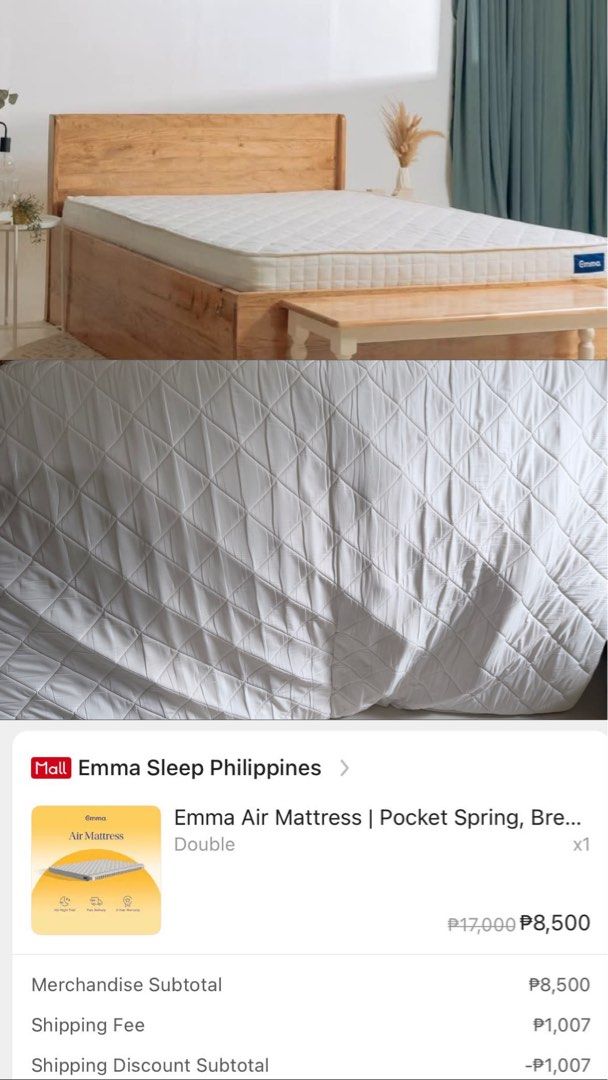Emma Double bed air matress (Category: Bed Frames & Mattresses) located in Rizal. Submitted by hulihelpsu (Listing ID 1461631391, Image 2). Description: 🛏️ Emma Air Mattress 🛏️ Make an offer now! We might accept it badly need the space it occupies Bought: 8k+ rfs: changed mattress & need space slight issue: springs nakataas po onti Pickup only antipolo location Size: double 48"x75"x6"￼.