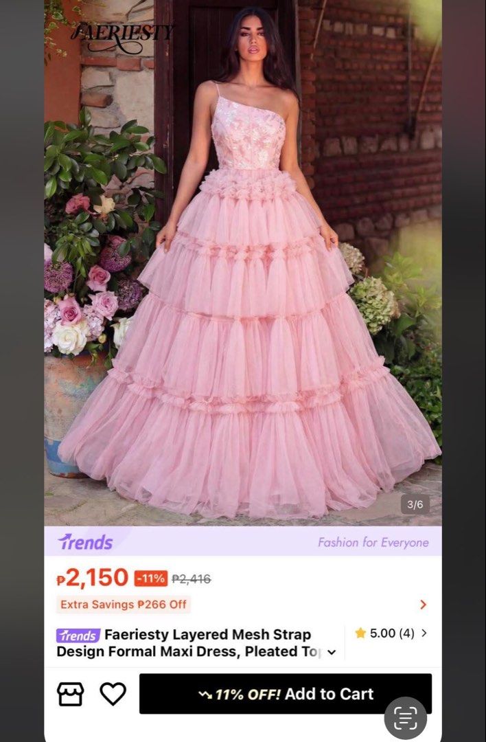 Faeriesty Layered Mesh Strap Formal Maxi Dress (Category: Evening dresses & gowns) located in Manila. Submitted by sandi___06 (Listing ID 1461686084, Image 1). Description: - Pink layered mesh maxi dress - Elegant one-shoulder design - Sparkling sequin embellishments on the bodice - Flowy tiered, ruffled skirt - Perfect for formal events, parties, or special occasions - Originally purchased from Trends Once used Selling it low Orig Price 2150 📍P