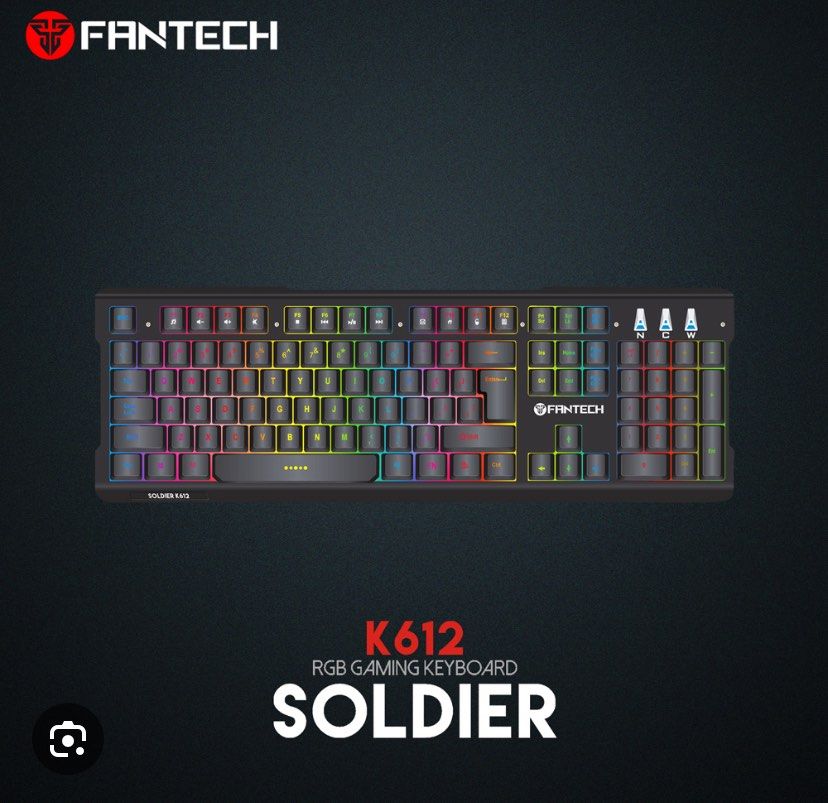 Fantech K612 Soldier RGB Gaming Keyboard (Category: Computer Keyboard) located in San Leonardo. Submitted by lyannekatyne (Listing ID 1461611875, Image 1). Description: - Fantech K612 Soldier RGB Gaming Keyboard - Full-size layout with numeric keypad - Vibrant RGB backlighting for a cool gaming setup - Great for both gaming and everyday typing - Reliable keyboard for your desk NO BOX.