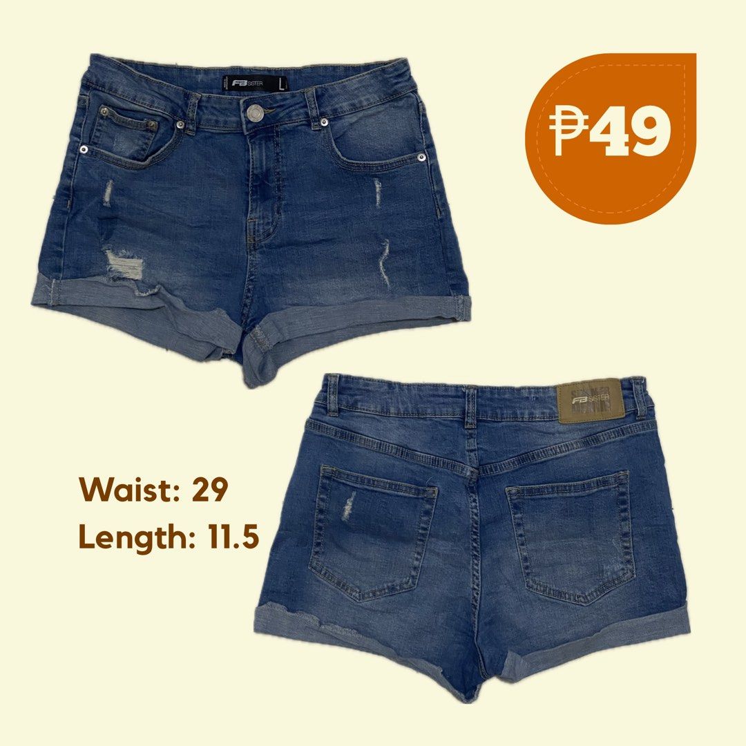 FB Sister Denim Shorts Size L (Category: Shorts) located in General Tinio. Submitted by elayy_ (Listing ID 1461679503, Image 1). Description: - Cute blue denim shorts from FB Sister - High-waisted style - Features distressed details - Rolled hem - Waist: 29 inches - Length: 11.5 inches - Ideal for casual wear.