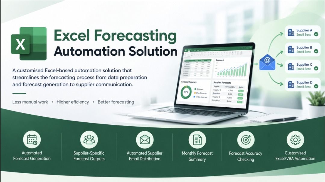 Forecasting Macro (Category: Software) located in Singapore. Submitted by stephenwardellcurry (Listing ID 1461722400, Image 1). Description: Excel Forecasting Automation Solution A customised Excel-based automation solution that streamlines the forecasting process from data preparation and forecast generation to supplier communication. It reduces repetitive manual work, improves processing efficiency, and provides tools for monitoring monthly for