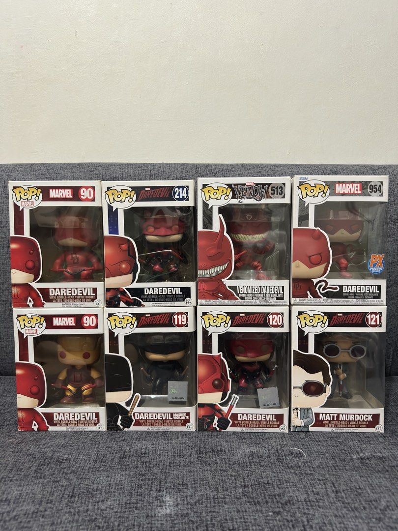 Funko Pop Daredevil Collection (Category: Figurines & Statues) located in Makati City. Submitted by keeeaaann (Listing ID 1461661835, Image 1). Description: FUNKO POP DAREDEVIL COLLECTION FOR SALE Letting go of my Daredevil Pops. • #90 Classic Yellow • #90 Classic Red • #119 Masked Vigilante • #120 Daredevil • #121 Matt Murdock • #214 Daredevil • #513 Venomized Daredevil • #954 Daredevil PX Condition varies. Some boxes have storage/dirt stains; p