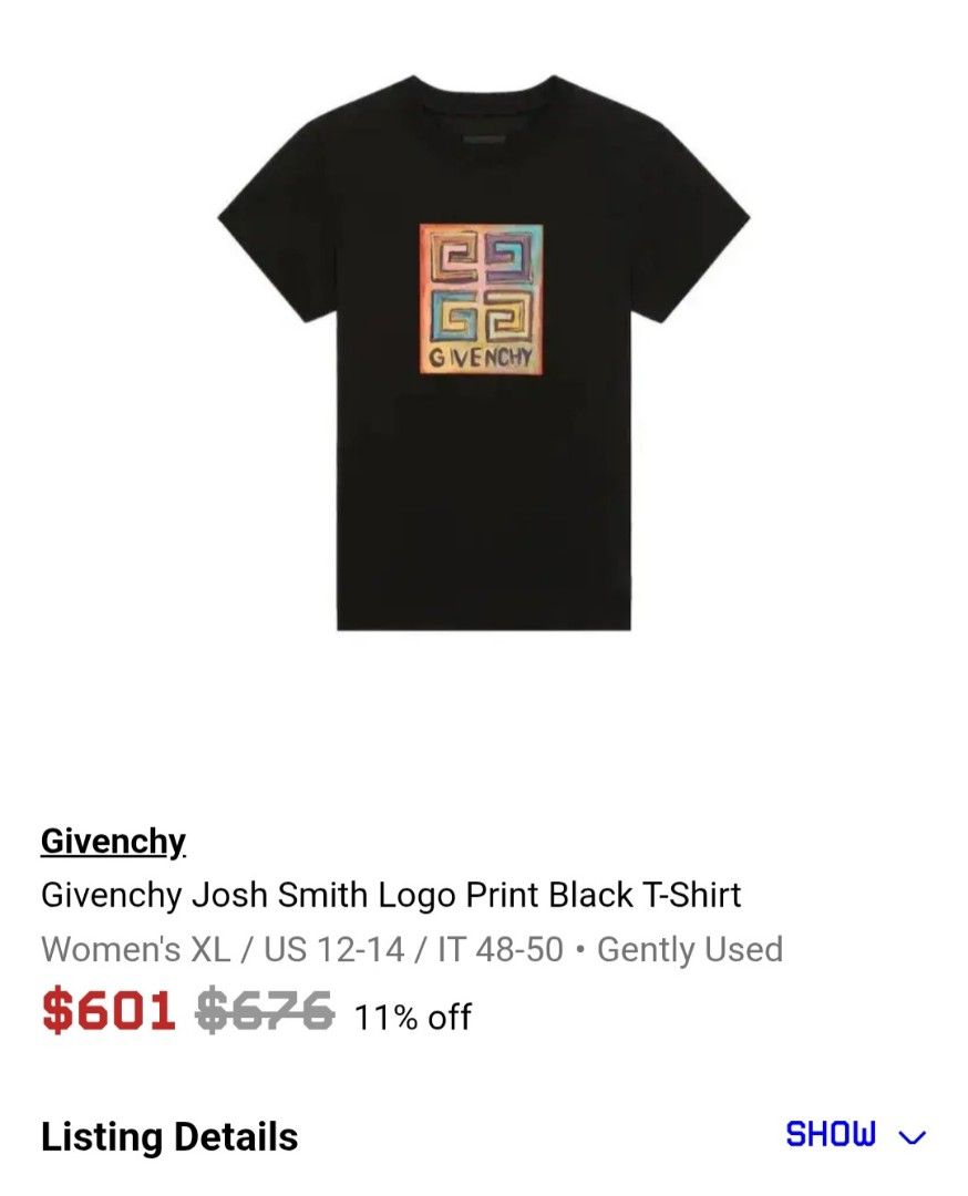 Givenchy Josh Smith Logo Print Black T-Shirt (Category: Babies & Kids Fashion) located in Caloocan City. Submitted by clairyyyyy (Listing ID 1461694702, Image 3). Description: - Authentic Black Givenchy T-shirt - Features unique Josh Smith abstract maze logo print - Colorful design with Givenchy name at the bottom - Ideal for Givenchy enthusiasts and collectors - High-quality fabric and print issue: Crack print pero likenew pa pinaka tela super b