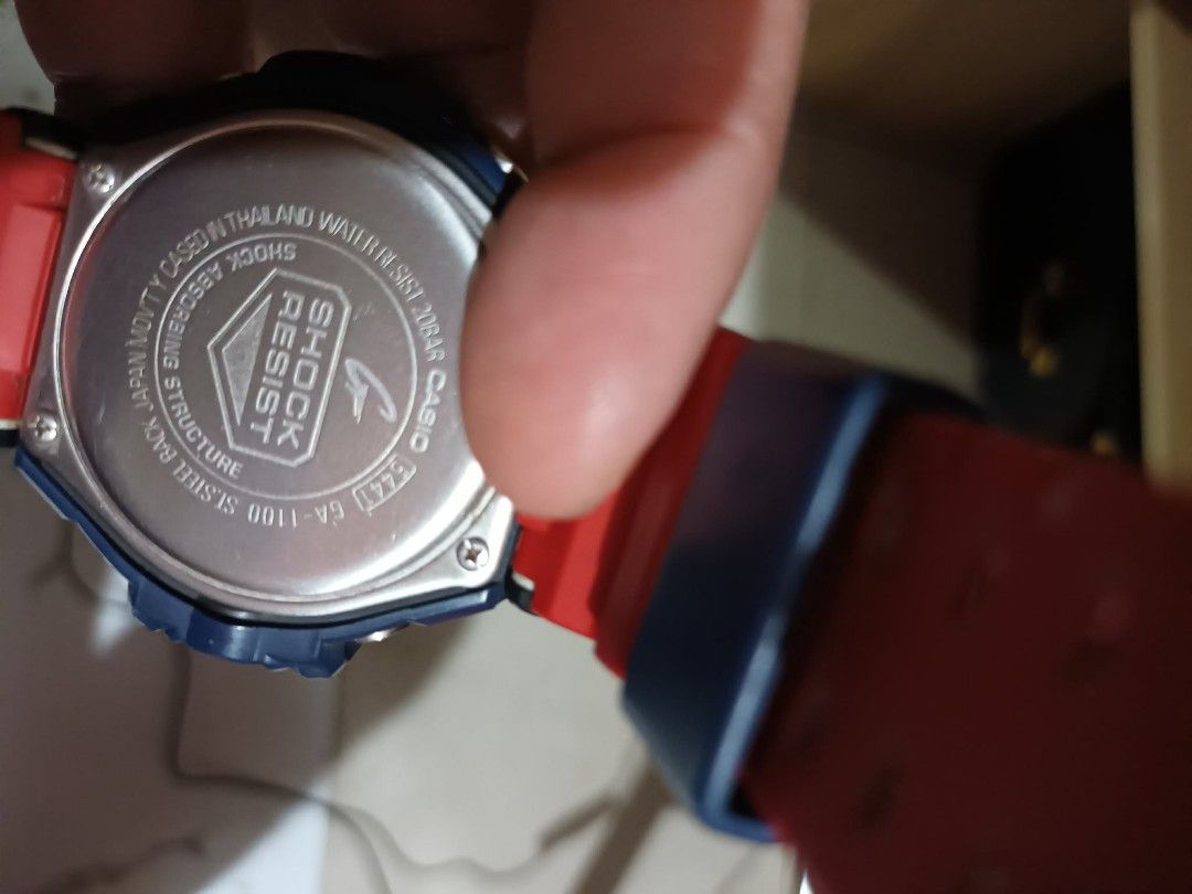 G-Shock GA-1100 Twin Sensor Watch (Category: Men's Watches) located in Manila. Submitted by markdelfin1979 (Listing ID 1461789495, Image 3). Description: - G-Shock GA-1100 Watch - Striking Blue and Red Colorway - Twin Sensor (Temperature & Direction) - World Time Functionality - Alarm Feature - 20 Bar Water Resistance (200m) - Authentic, Made in Thailand - Includes Original G-Shock Tin - Ideal for Everyday Wear and Outdoor Activities.