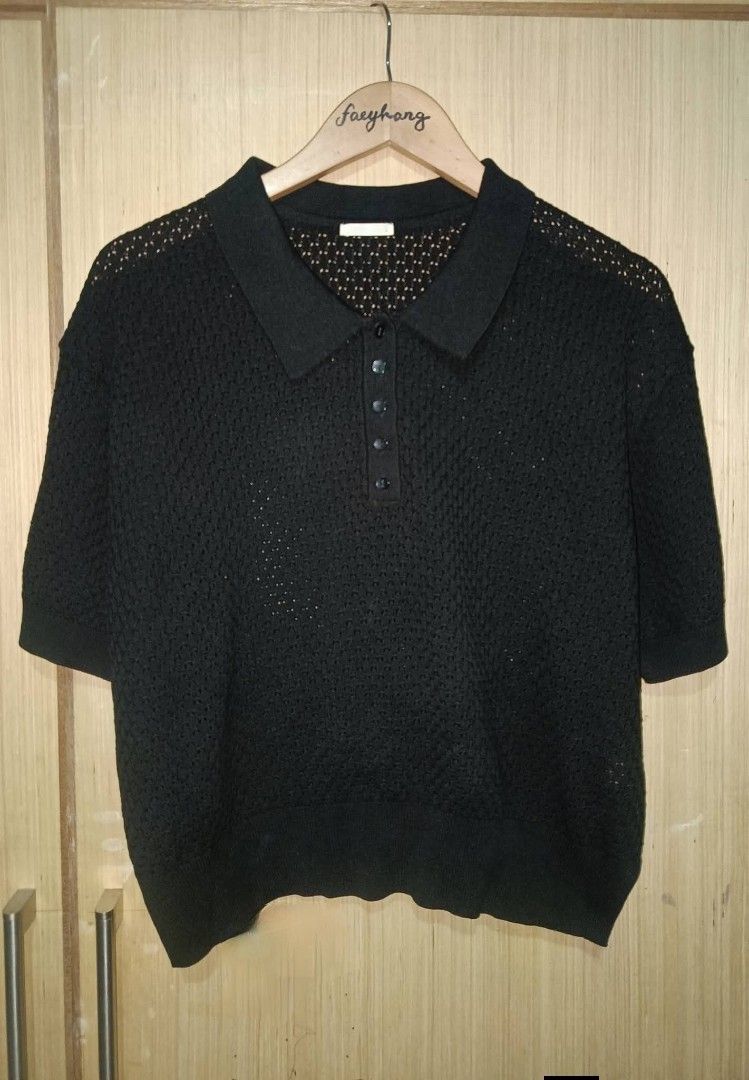 GU Black Knit Polo Shirt (Category: Blouses) located in Makati City. Submitted by vertaronda (Listing ID 1461712309, Image 1). Description: - GU Black Knit Polo Shirt - Short sleeves - Collared neckline - Button-up front - Textured knit fabric - Versatile for casual wear or layering - Easy to style.