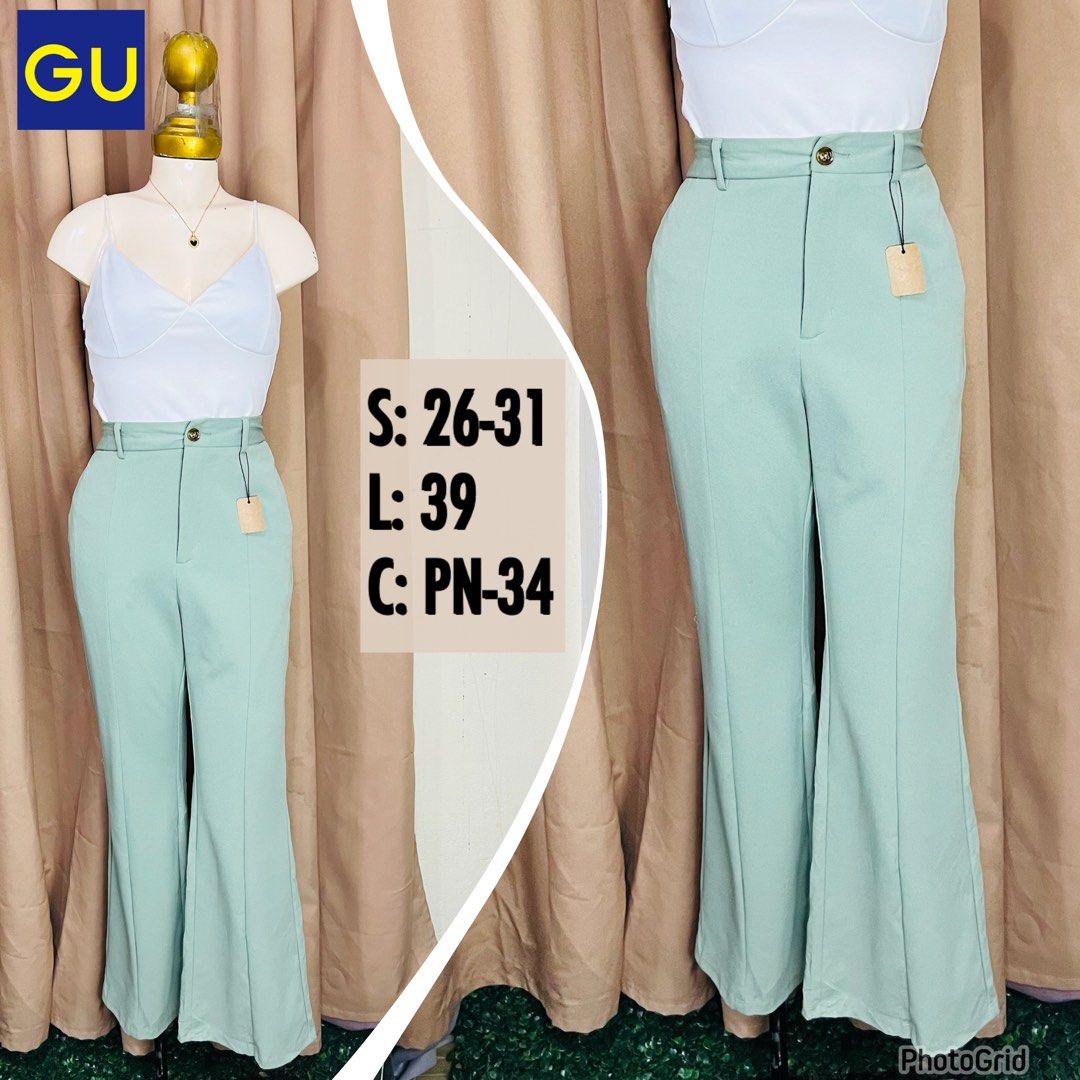 GU High Waisted Flare Pants (Category: Other Bottoms) located in Manila. Submitted by bengirlclothing (Listing ID 1461576814, Image 1). Description: - GU Light Green High-Waisted Pants - Flare Leg Style - Button and Zip Closure - Clean, Tailored Look - Versatile for Dressing Up or Down - Size: 26-31 inches -Length : 39 inches.